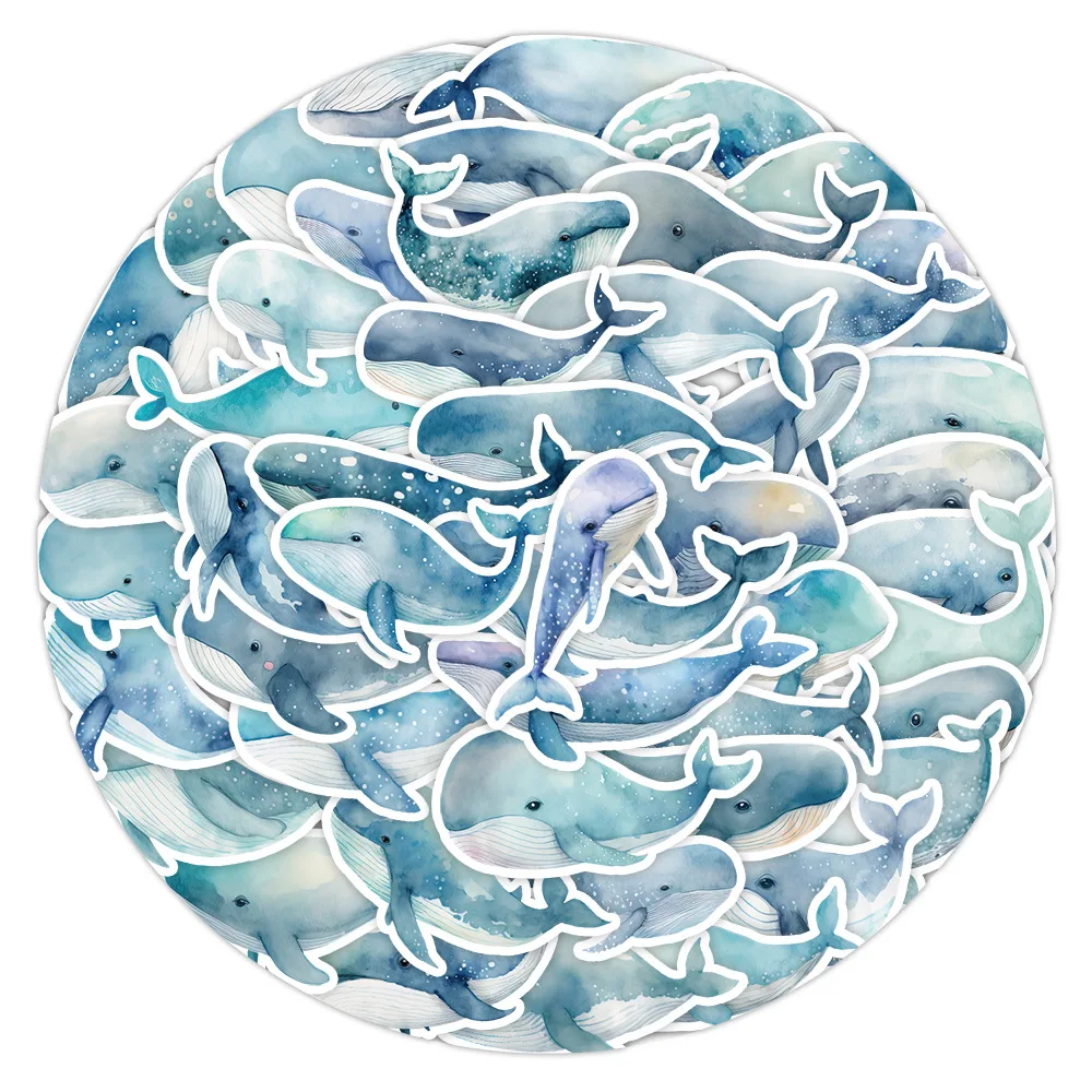 Mini pegatinas de papel Kawaii de ballenas del océano, calcomanías de ballenas azules de acuarela para ordenadores portátiles, teléfonos, álbum de recortes, juguetes artesanales, 10/50 Uds.