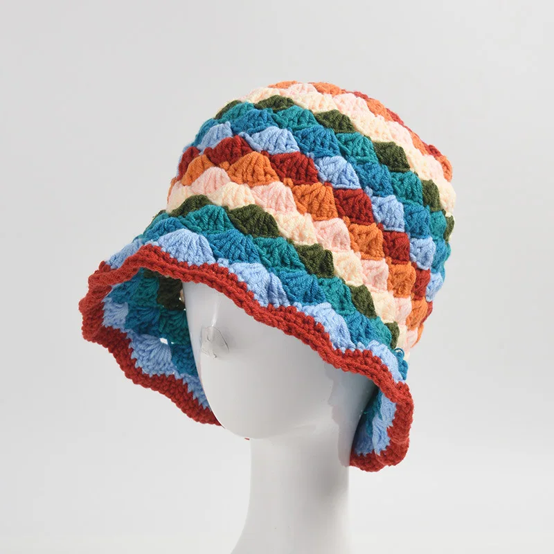 

Stylish WOMEN Casual Bucket Hat with Rainbow Hand-Knitted Dopamine Wool Cap for Autumn and Winter