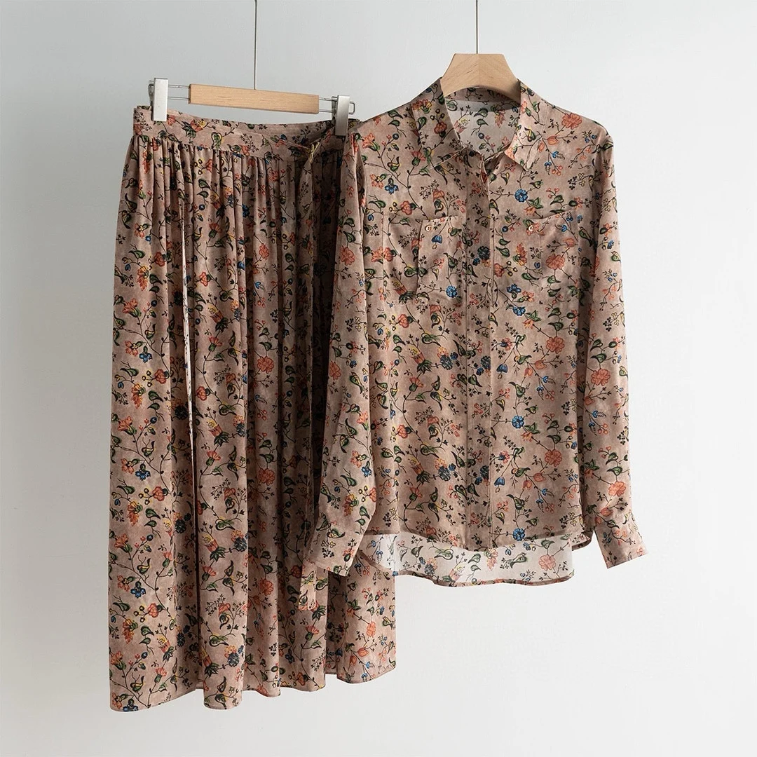 

24 Summer New L//P Women's Vintage Floral Mulberry Silk Shirt + Mulberry Silk Half-body Skirt