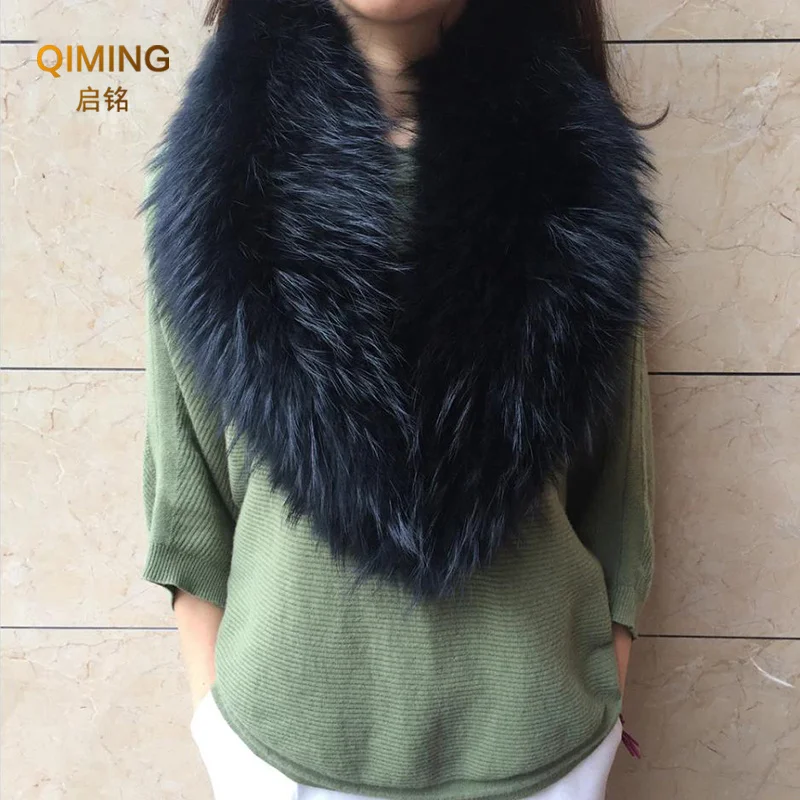 Real Fur Collar Furry Raccoon Fur Scarf Ring Winter Neck Warmer Women Men Jackets Hood Fur Shawl Wraps Fluffy Warm Long Scarf