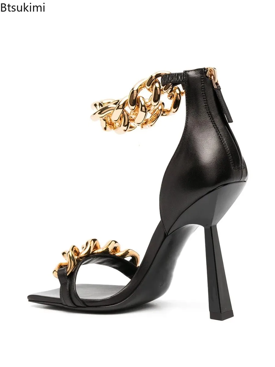 New 2025 Summer Women's Snake Sandals Pattern Chain Square Toe Rose Pink Sandals for Woman Open Toe Back Zipper Pumps High Heels