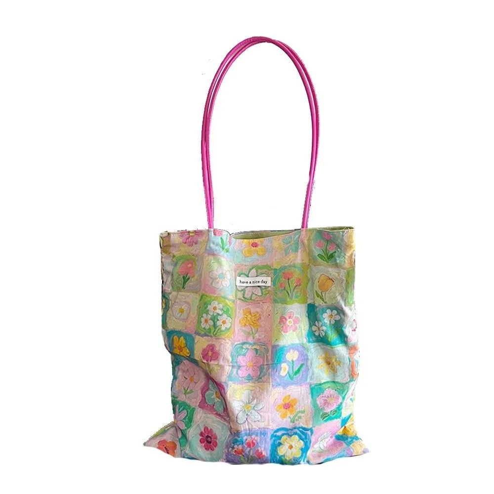 Fashion Pastel Flower Floral Shoulder Bag PU Strap Pastoral Style Storage Bag Cloth Shopping Bag Grocery Shopping