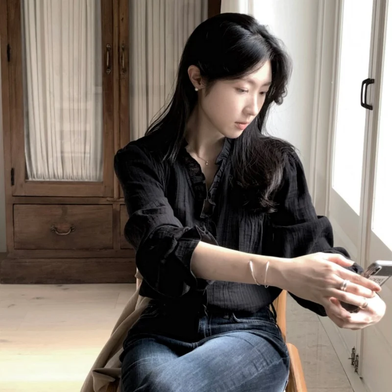 أنيقة المرأة irt خمر لطيف Earlet V-Ne مطوي الملمس الإحساس متوهج Sve أعلى تخفيف Sle طويل Sve