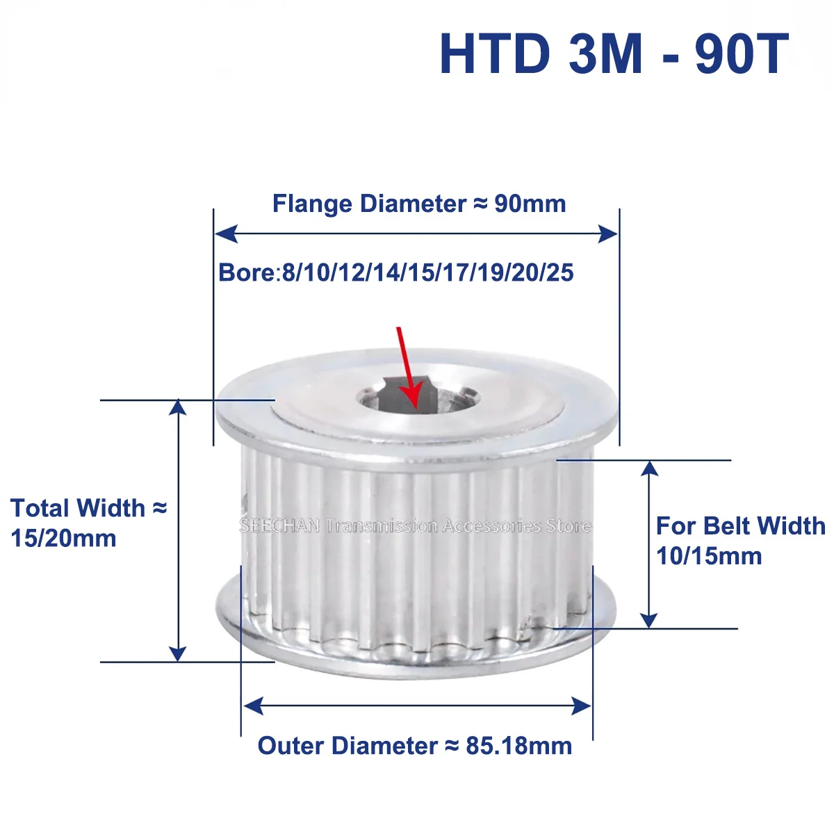 

90 Teeth HTD 3M Synchronous Pulley Bore 5/6/8/10/12/14/15~25mm for Width 10mm 15mm HTD3M Timing Belt HTD3M Pulley Wheel 90Tooth