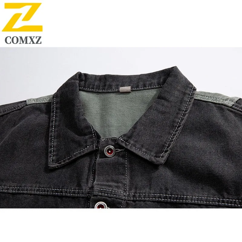 Jaket Denim Taktik Pria Tahan Air Tahan Angin Gaya Amerika Blok Warna Longgar Cocok Luar Ruangan Kasual Bernapas Pakaian Luar Antik 2025
