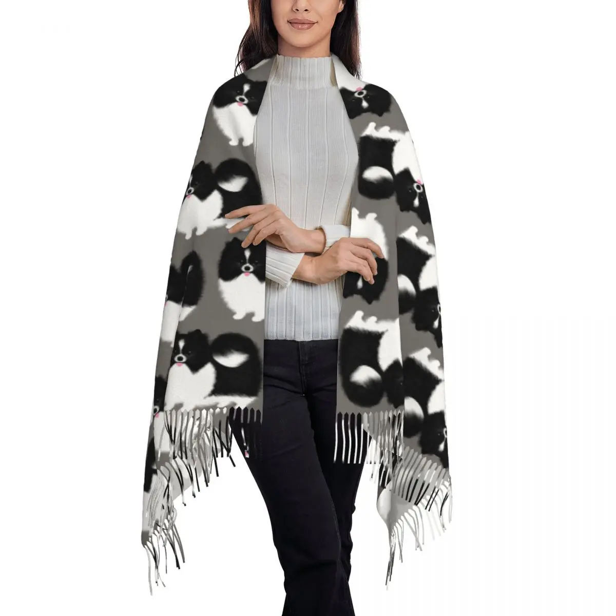 Black & White Parti Pomeranian Fluffy Dog Scarf Tassel Scarves for Women Soft Warm Shawls and Wraps Long Fall Winter Shawl Wrap