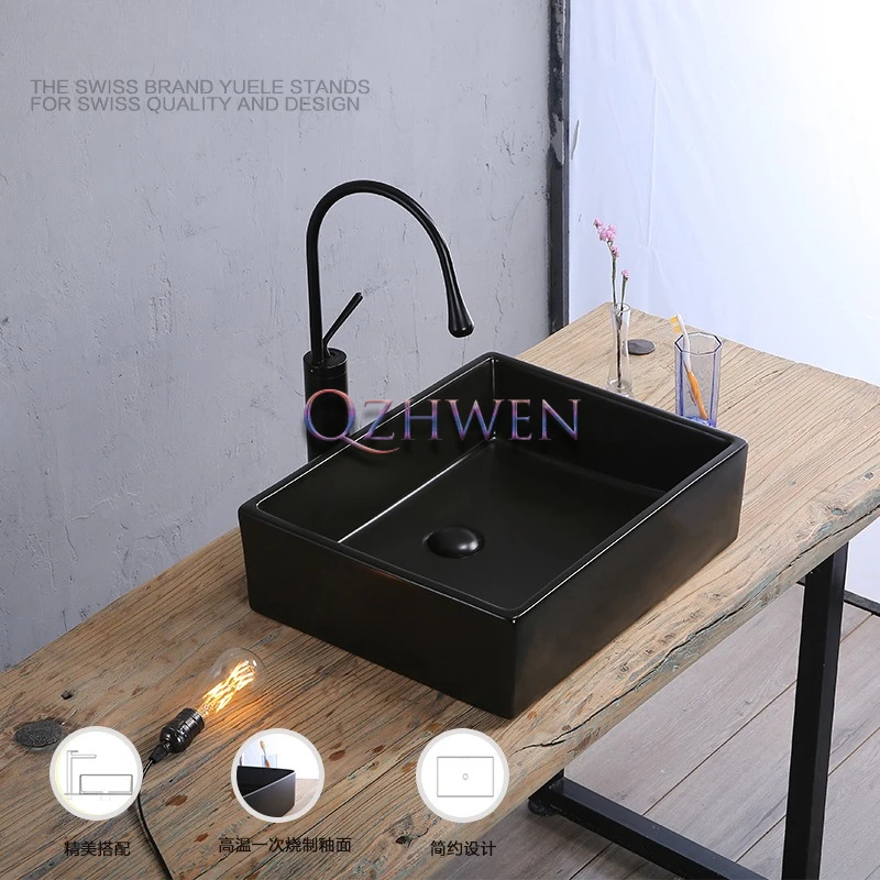 590*490*147mm Nordic Matte All Black Bathroom Washbasin Balcony Simple Rectangular Countertop Sink with Basin Faucet Set