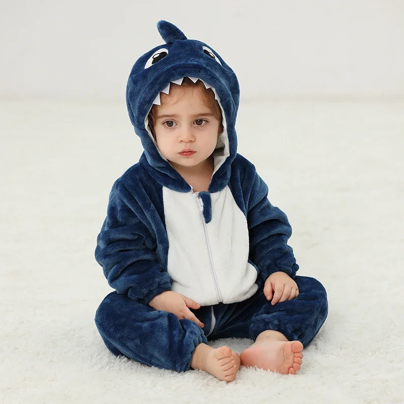 Winter Baby Rompers Baby Pijamas Sharks Wolf Leopard Cartoon Hooded Jumpsuits Cosplay Costume Boy Girl Carnival Pyjamas Bodysuit