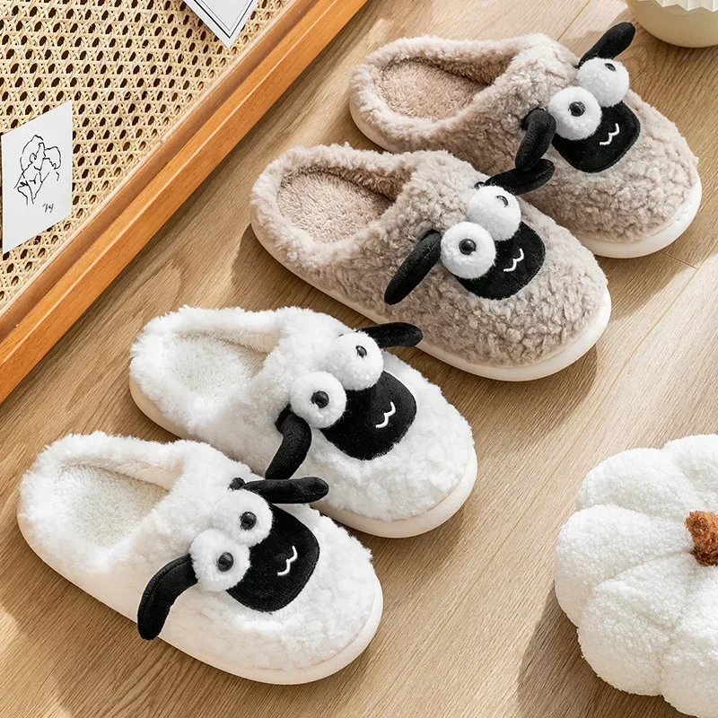 Cartoon Cotton Slippers Couples Cute Little Sheep Men Women Winter Home Warm Comfortable Indoor Anti Slip Floor Cotton Slippers