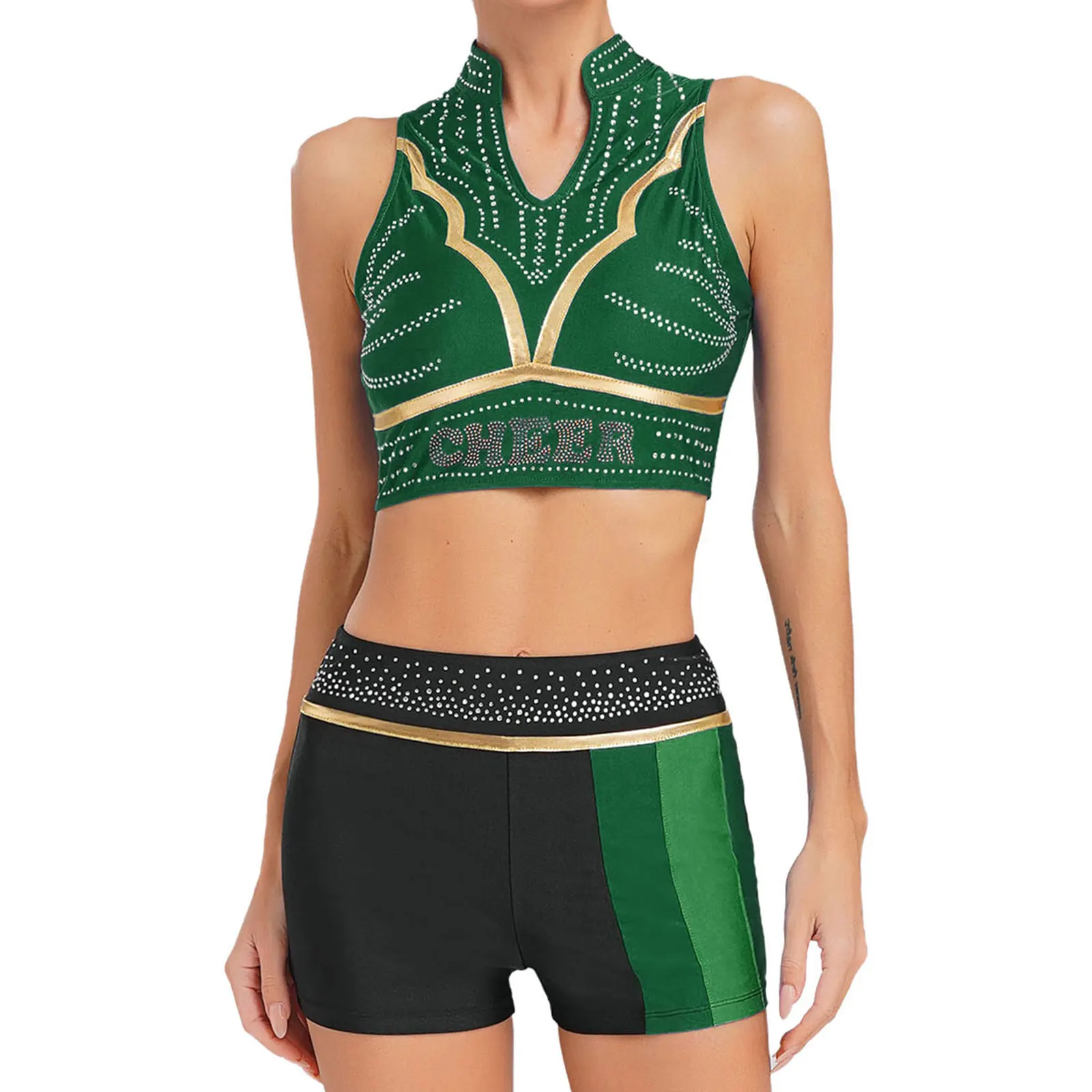 

School Girls Cheer-leading Gymnastics Performance Outfits Female Mini Tops with Short Dance Set for Cheering Summer Workout Wear
