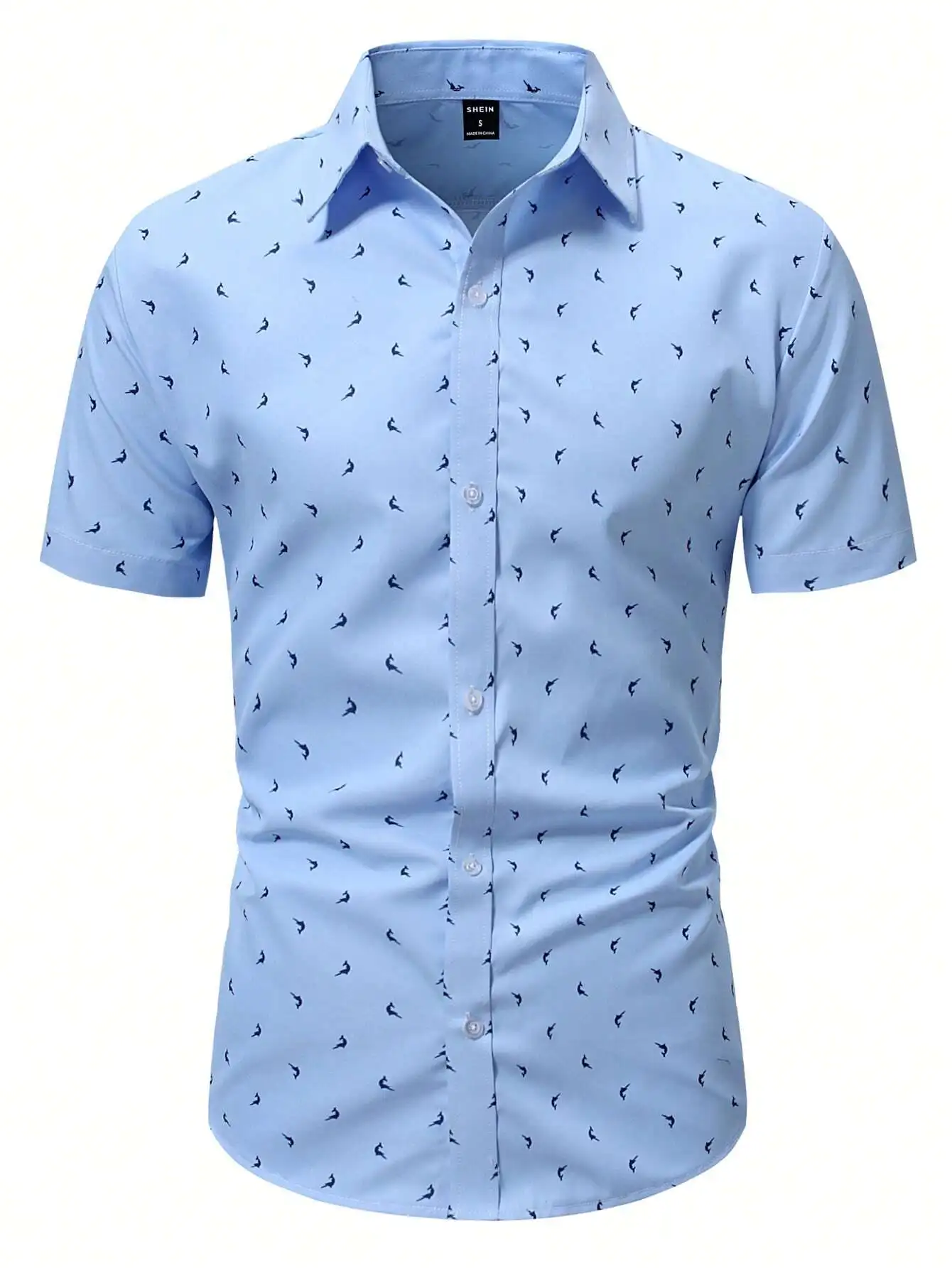 

Light Blue Short Sleeve Button-Down Shirt with All-Over Bird Print