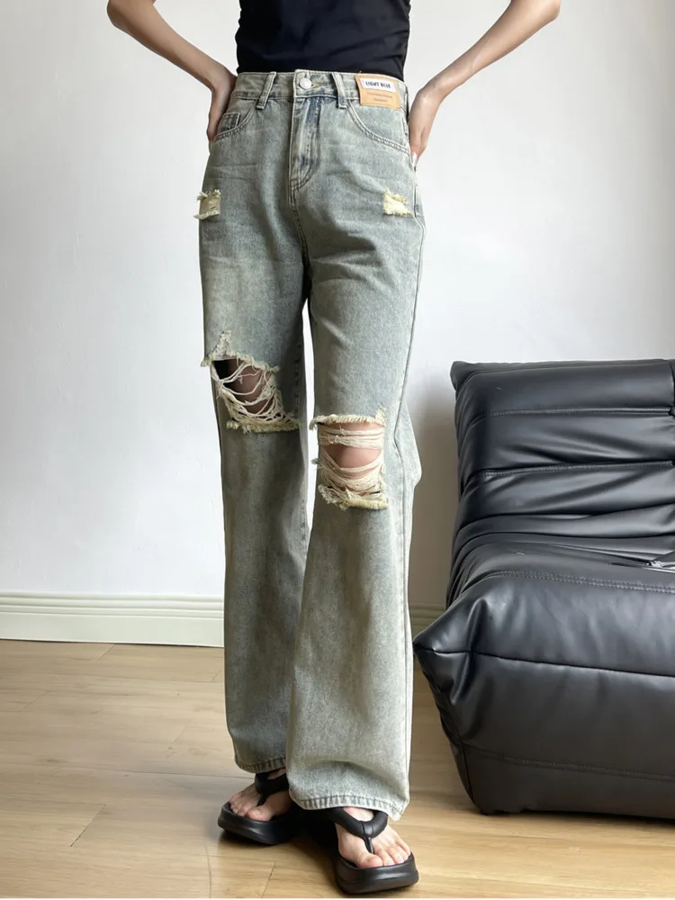 

2024 Spring Summer New Ripped Jeans Women's American-Style Slimming Loose Wide-Leg Pants Straight Pants