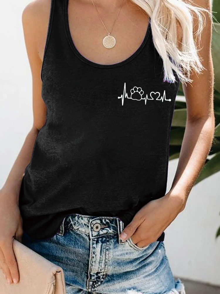 Seeyoushy Dog Paw Electrocardiogram Chest Badge Print Women Tank Tops Sleeveless Summer Funny T-Shirt Femme 90s Harajuku Tops