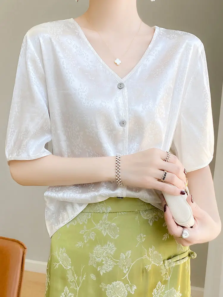 

Jacquard Satin Silk Blouses Women Short Sleeve Loose Shirts Women Retro Chinese Vintage Ethinic Style Tops Oversized