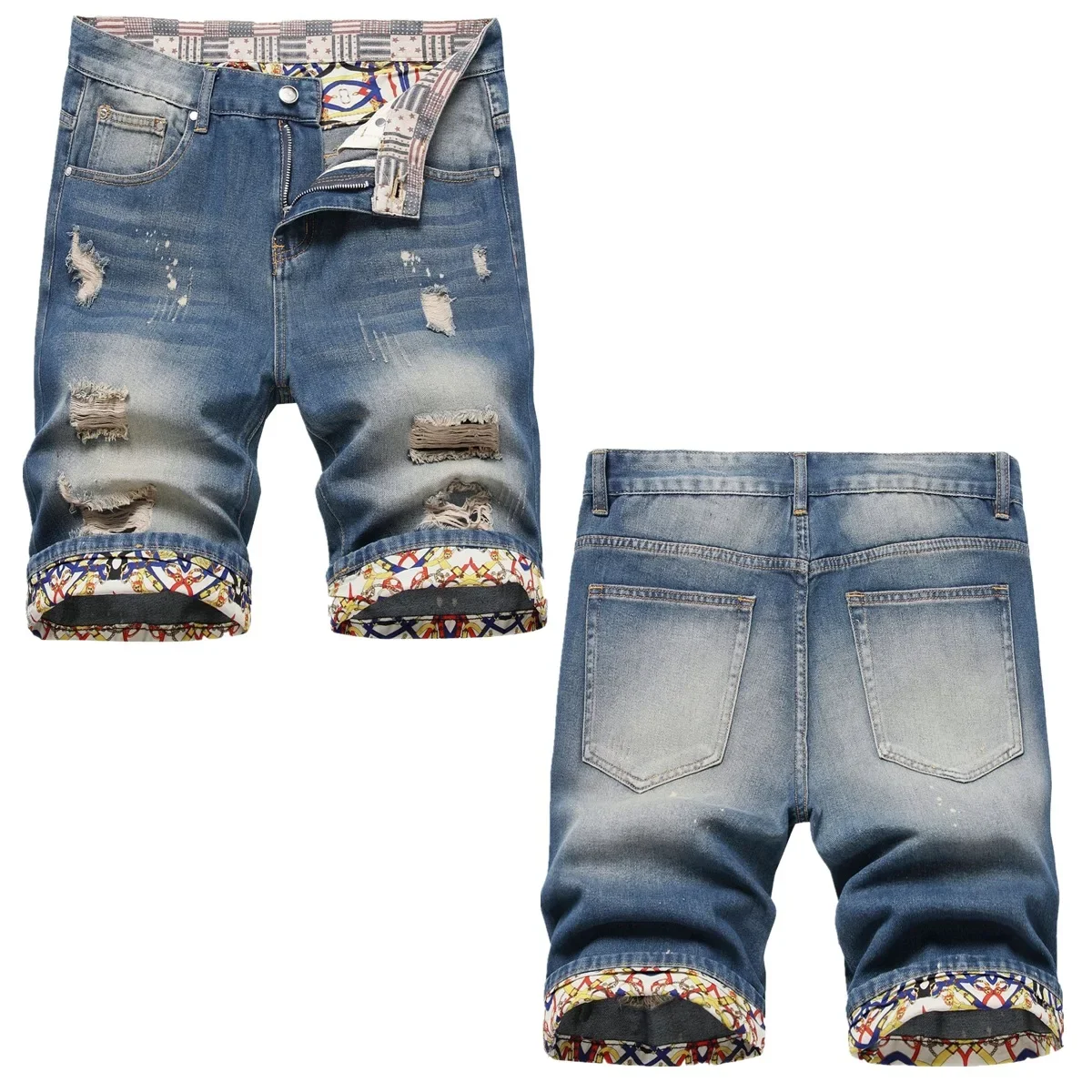 Streetwear pantaloncini di Jeans strappati da uomo estivi da uomo Jeans corti elasticizzati dritti larghi da uomo pantaloni da cowboy tagliati in difficoltà