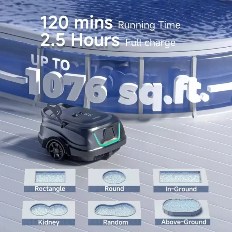 STROVAN A1 Automatic Pool Cleaning Robot Lithium Battery 120 Mins Long Runtime Edge Enhanced Cleaning Universal Plug for Pools