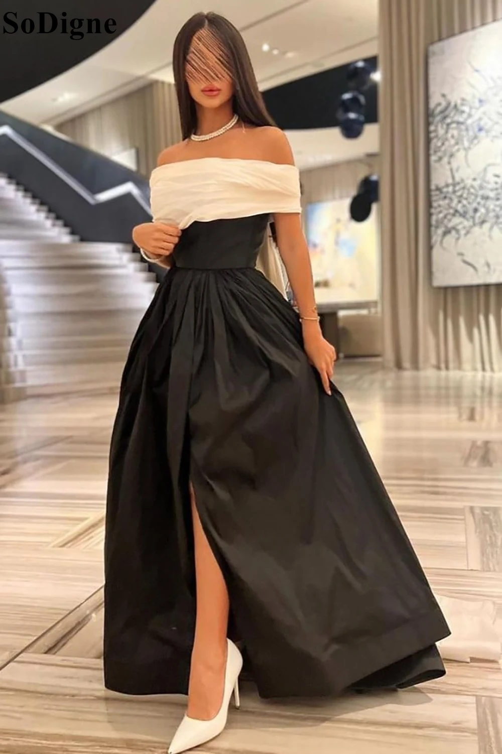 SoDigne Black and White Evening Dresses A-Line Off Shoulder Pleated Side Slit Party Dress Watteau Train Prom Gowns for Women