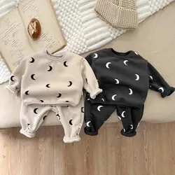 Autumn Winter Fashion Baby Plus Velvet Thicken Sweatshirt Set Boy Girl Children Fleece Moon Print Warm Cotton Tops + Pants 2pcs