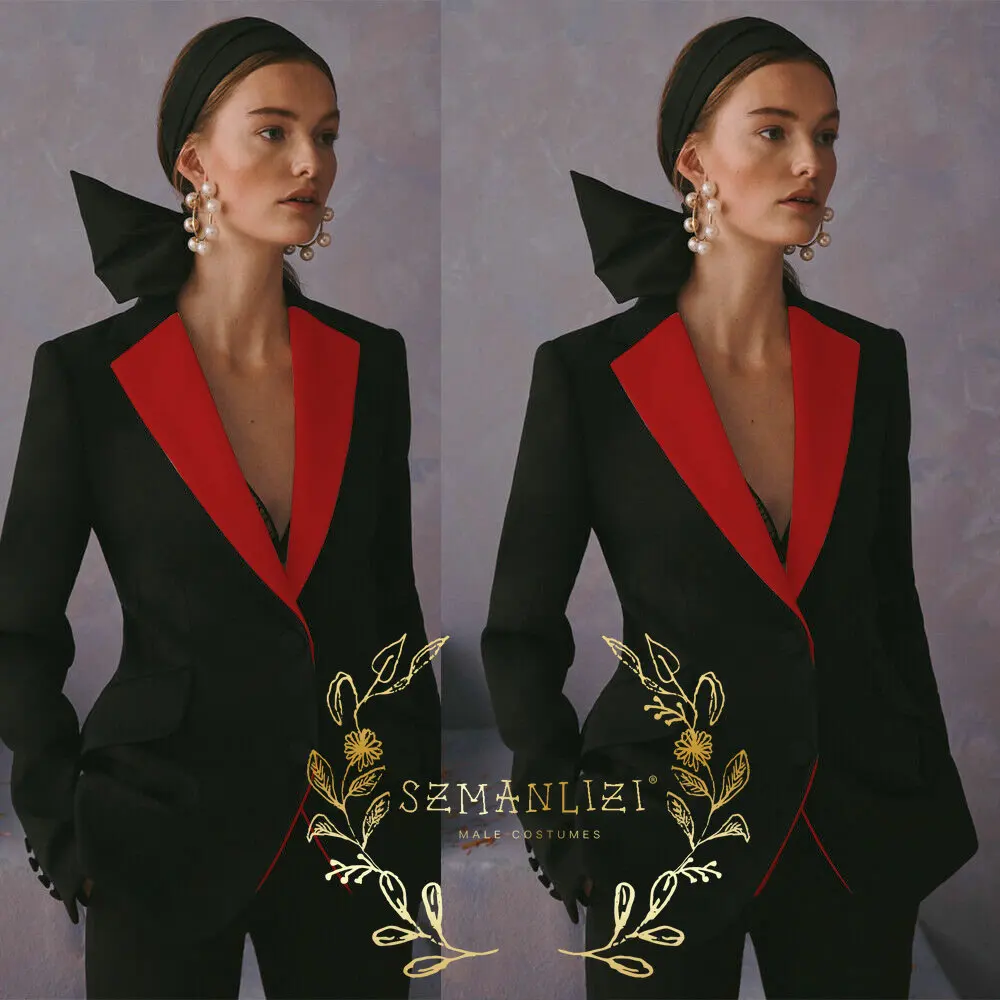 Black Women Formal Suit 2 Piece Notched Lapel Wedding Tuxedo Business Pants Suits Ladies Party Blazer Set Slim Fit Lady Dress