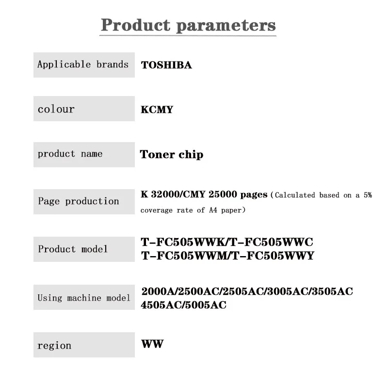 T-FC505 KCMY Toner Cartridge Chip for TOSHIBA e-STUDIO 2000A/2500AC/2505AC/3005AC/3505AC/4505AC/5005AC