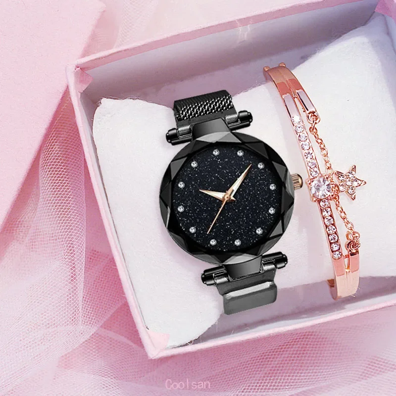 Reloj de cielo estrellado para mujer, pulsera elegante con hebilla magnética, Vibrato de oro púrpura, relojes de lujo