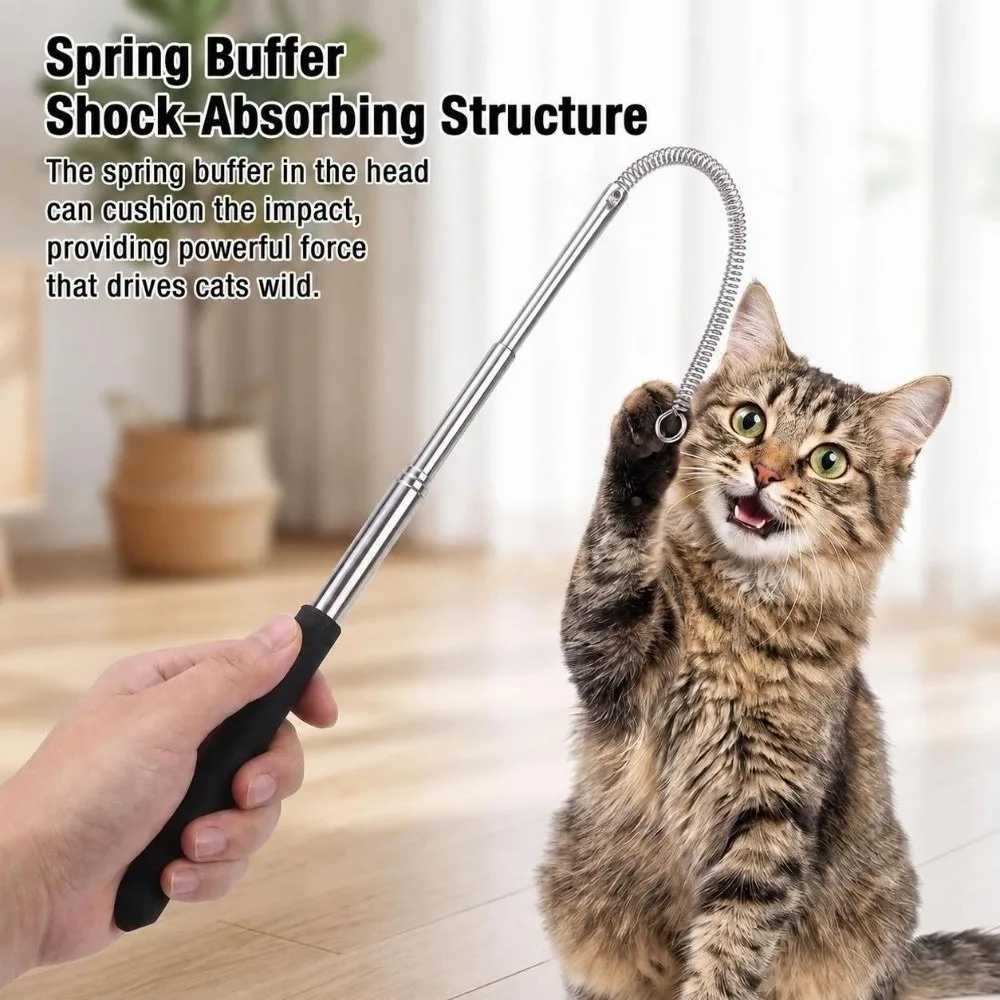 Compact Stainless Steel Cat Teaser Wand Replaceable Head Retractable Telescopic Cat Wand Cat Fishing Pole Toy Cat/Kitten