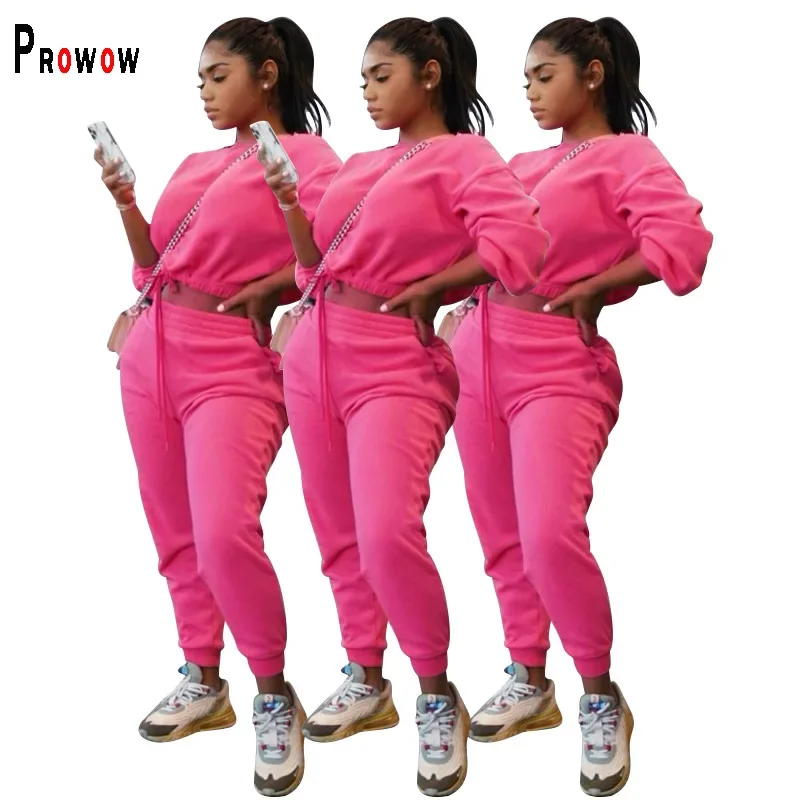 

Prowow Pink Women's Tracksuits Casual Crop Sweatshirts Pant 2 Piece Sporty Set New Design Fall Winter Female Workout Sweat Suits