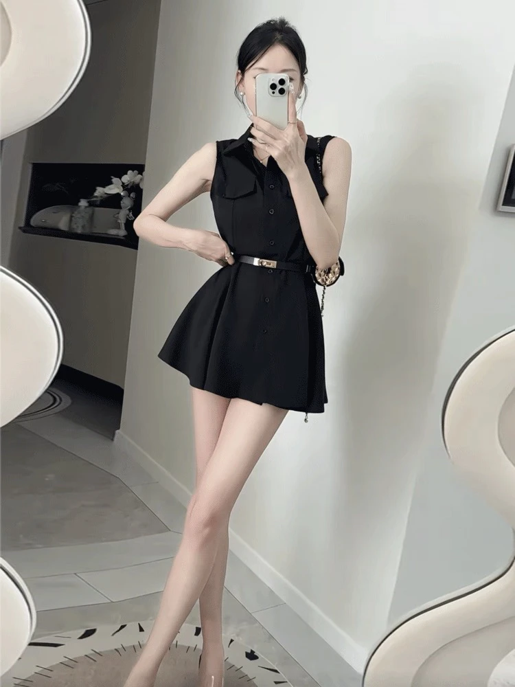 

Slimming Effect Summer Collar Sleeveless Waist Cinched Shirt Dress with Belt High Waist A-Line Short Skirt Single Button