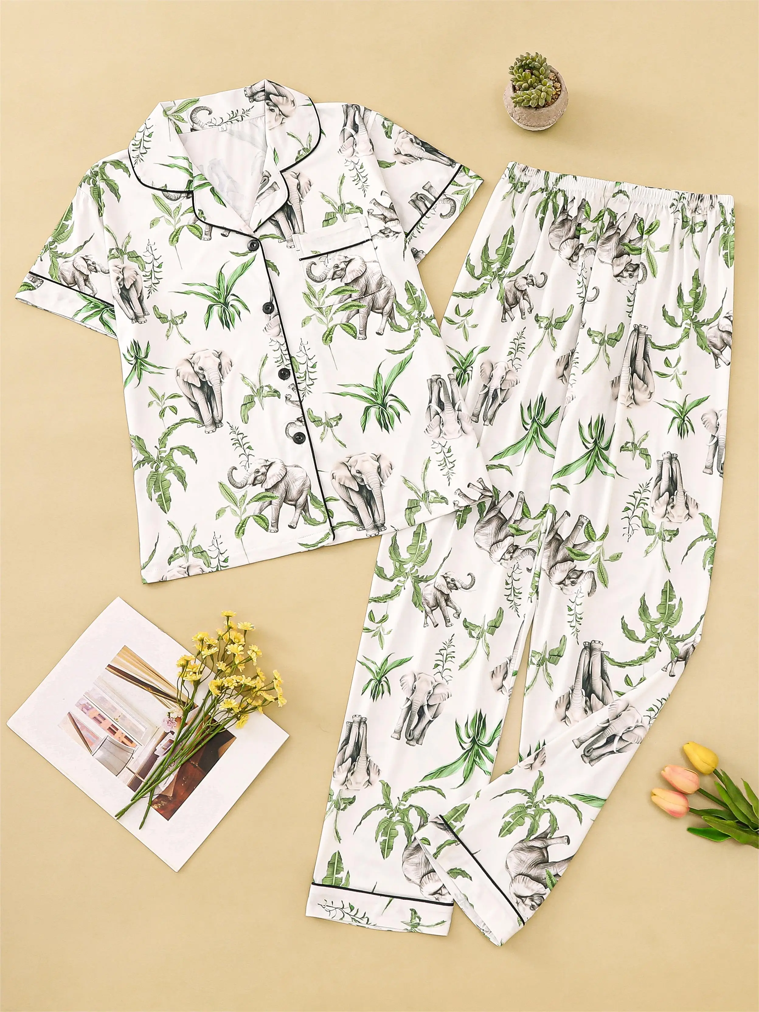 Tropical plant elephant print pajamas for women short-sleeved tops with lapels and loose trousers loungewear for women