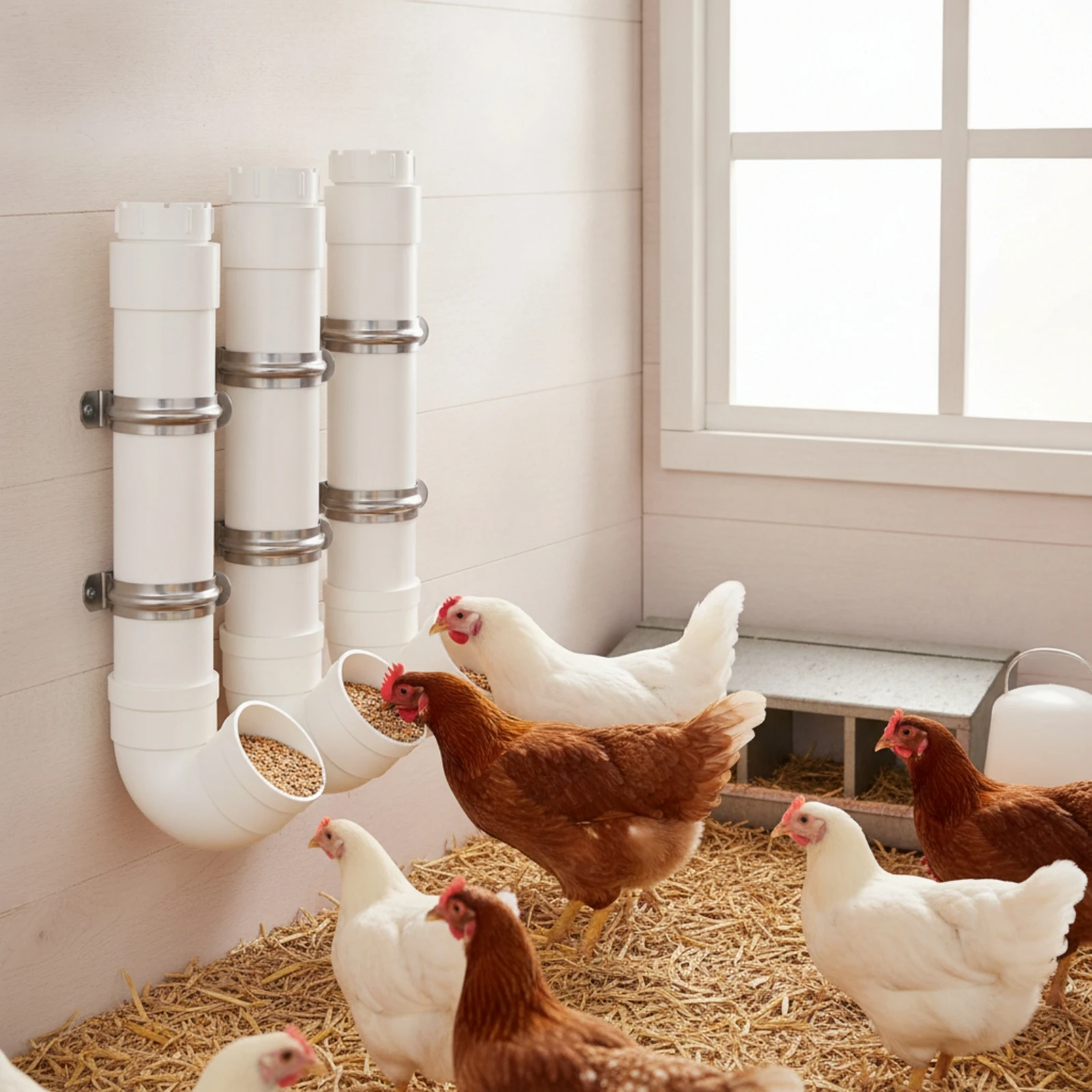 3 Pieces PVC Chicken Feeder Automatic Chicken Feeder with Elbow Large Capacity Wear-Resistant for Backyard Farmers