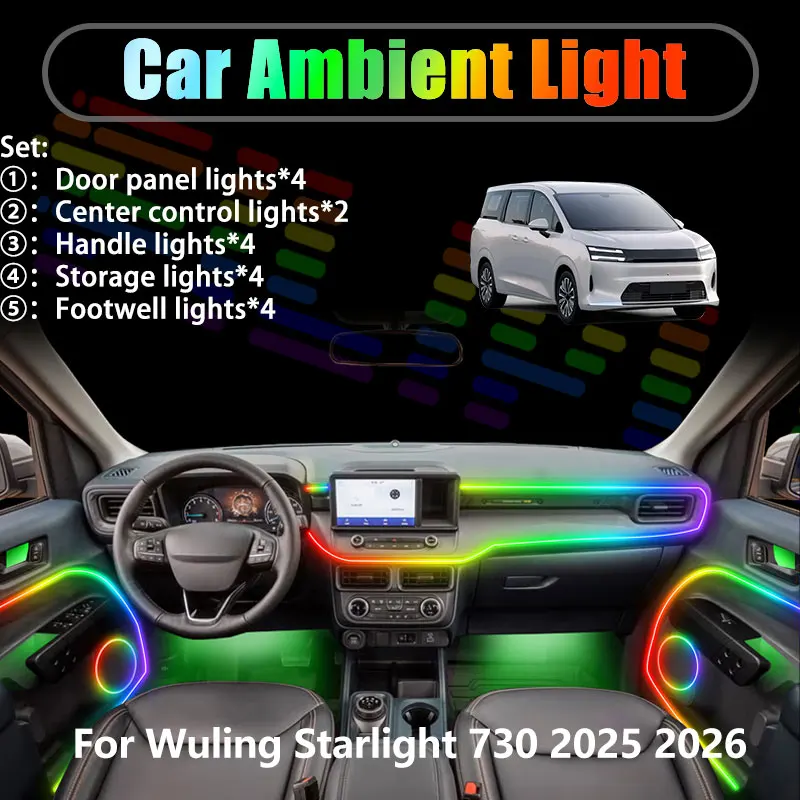 

For Wuling Starlight 730 2025 2026 F520M 2/18 in 1 Car ambient lighting Led trunk interior led lights USB RGB Ensemble Streamer