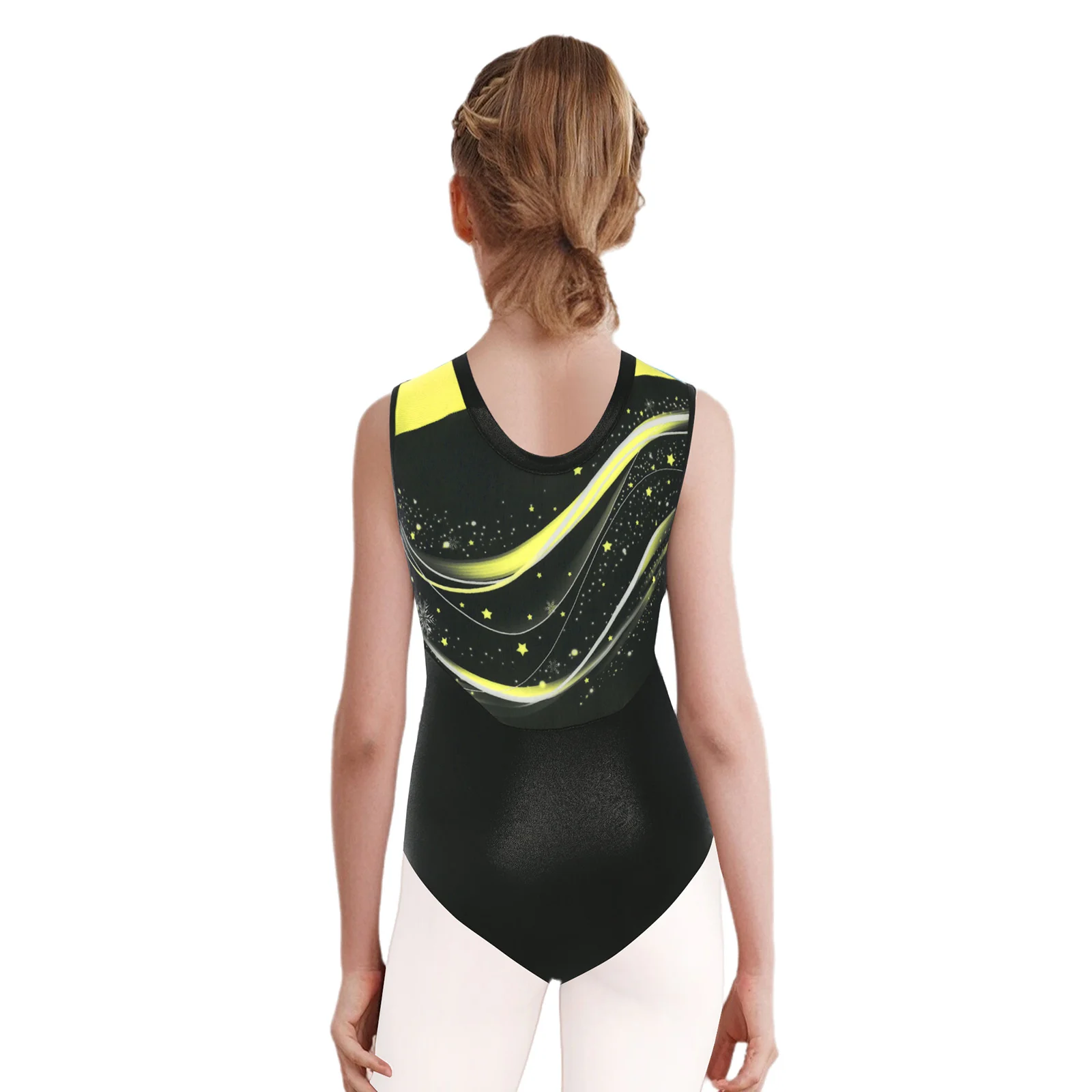 เด็กผู้หญิงพิมพ์ยิมนาสติกบัลเล่ต์ Leotard แขนกุดรอบคอ Patchwork เต้นรําชุดบอดี้สูทสําหรับสเก็ต Dance Performance