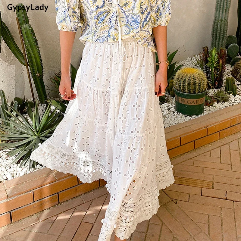 GypsyLady 100% Cotton White Pleated Skirt Boho Casual Summer Women Long Skirts Eyelet Hollow Out Ruffles Ladies Chic Skirt 2022