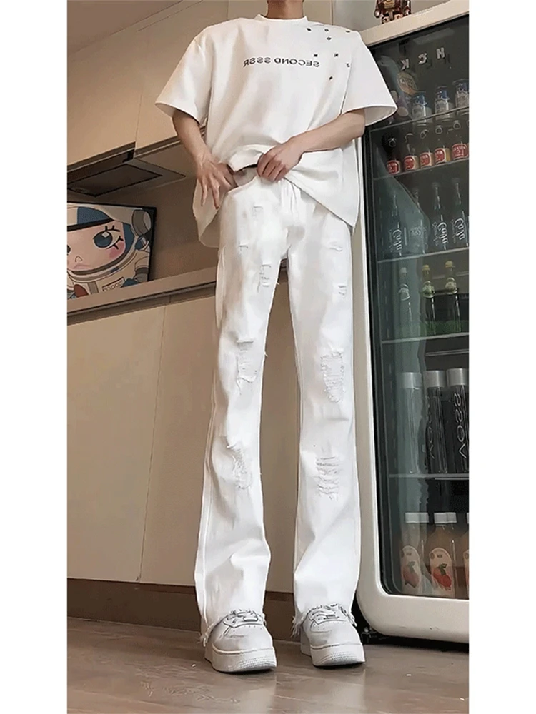 メンズスリムフィットハイストリートアメリカンスタイルデニムジーンズクリーンフィットホールパンチングヘアエッジマイクロフレアパンツサマーシーズン