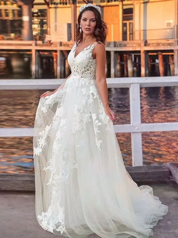 

Beach Bridal Dress A-Line Princess Tulle Sleeveless Lace Applique V-neck Sweep/Brush Train Wedding Dresses Party Bride Gowns