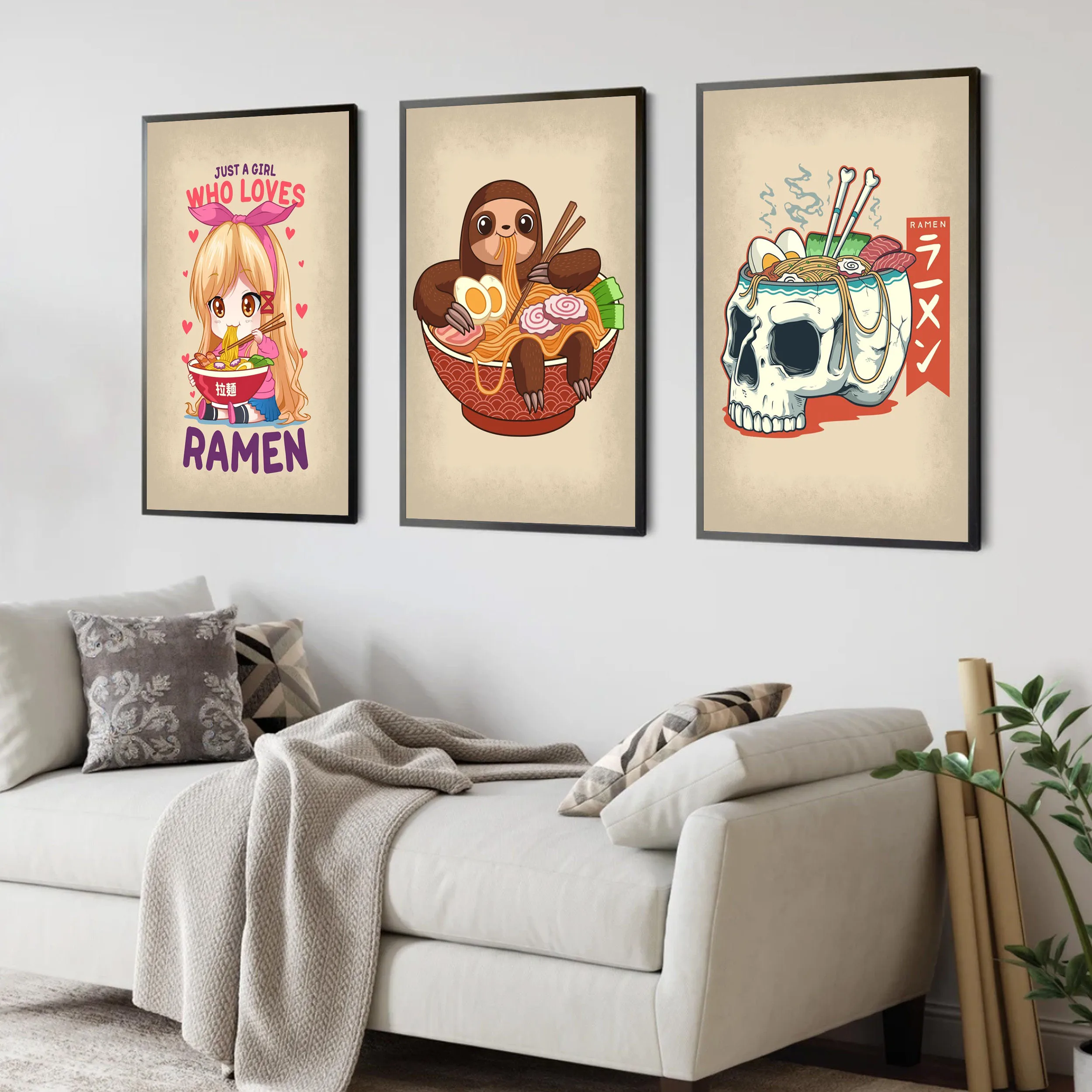 Pop Retro Cute Ramen Sushi Panda Cat Rabbit Drink Animals Food Poster Aesthetics Canvas Painting Wall Art Home Kawaii Room Decor