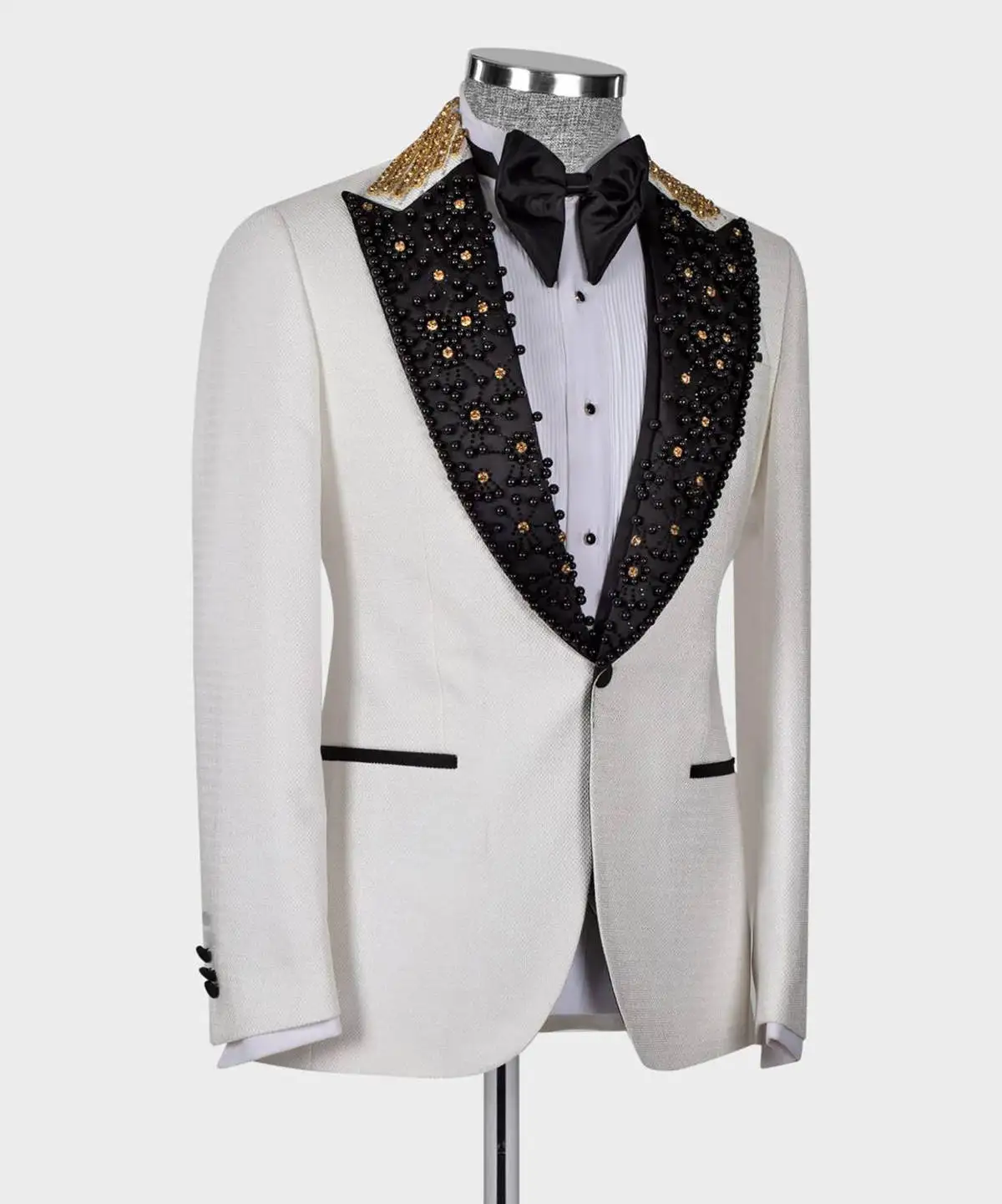 Luxury Pearls Men Suits Set Wedding Tuxedo 2 Pieces Blazer Pants Custom Made Prom Dress Male White Party Coat Jacket