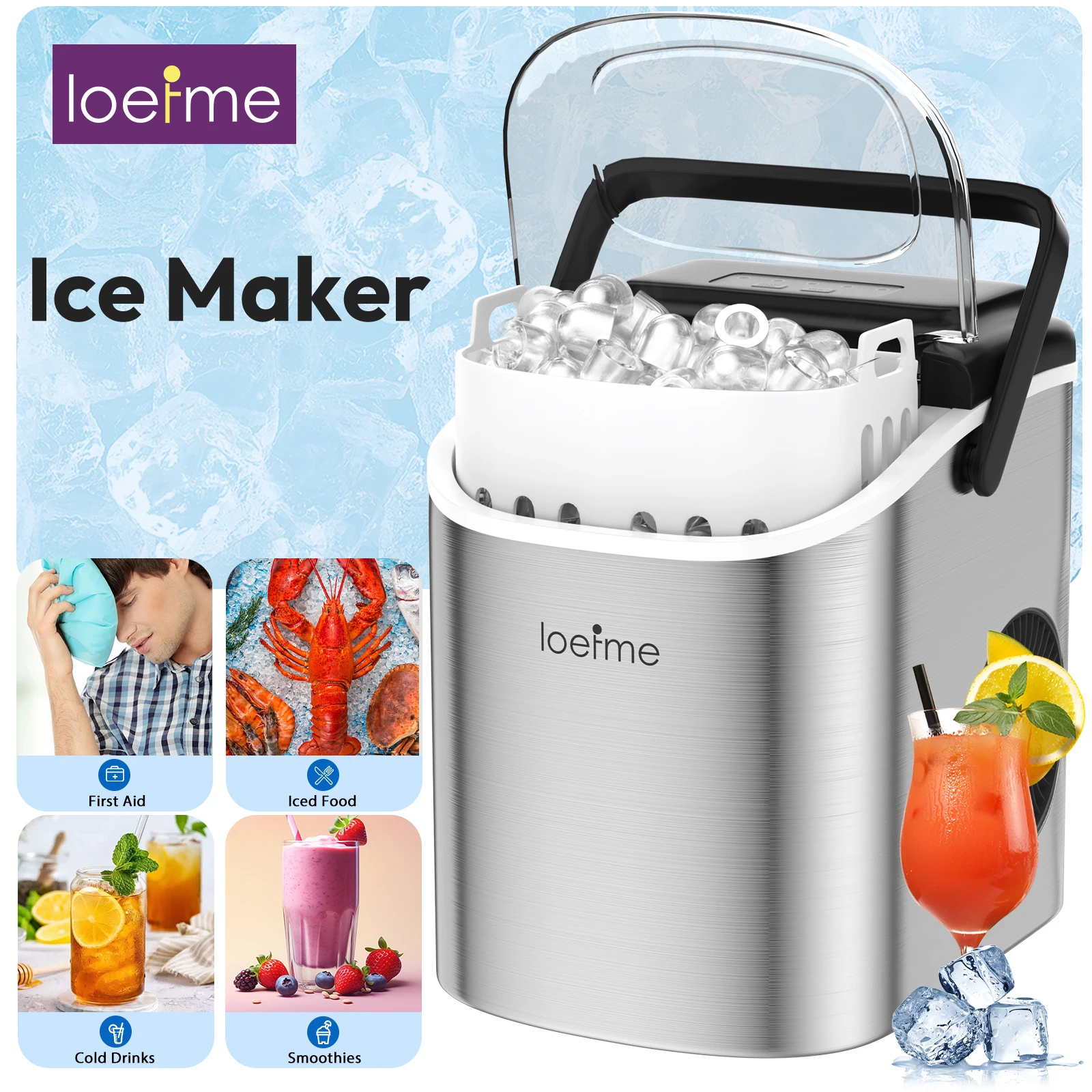 LOEFME Tragbarer Vollautomatischer Kugelförmiger Eiswürfelbereiter 12kg/24h 6 Minuten/9 Eiswürfel Automatische Reinigung Eiswürfelbereiter für Zuhause und Kaffee