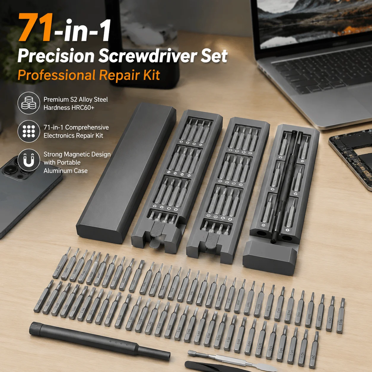 Precision Screwdriver Set 71 In 1 Bits Professional S2 Alloy Steel Magnetic Electronics Repair Kit For Smartphone Laptop Computer Watch Jewelry Diy Hand Tools With Portable Aluminum Case Esd Anti Static Protection Tool Set