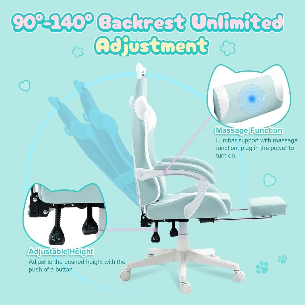 Silla para juegos linda con orejas de gato y soporte lumbar para masaje, silla ergonómica para ordenador para niña con reposapiés y reposacabezas