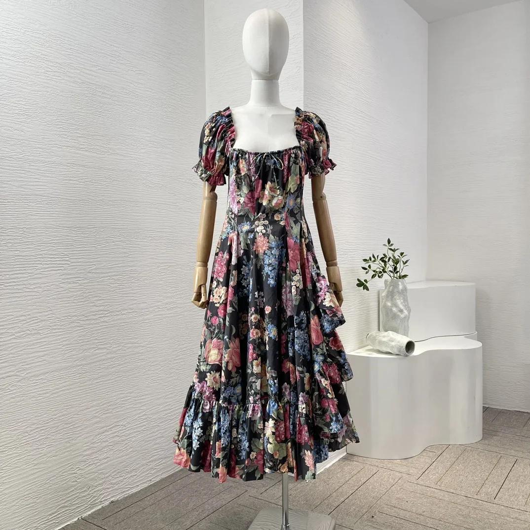 

2024 Women Vintage Summer Poplin Black Short Sleeve Floral Print Ruffles Cross Tie Backless Midi Dress