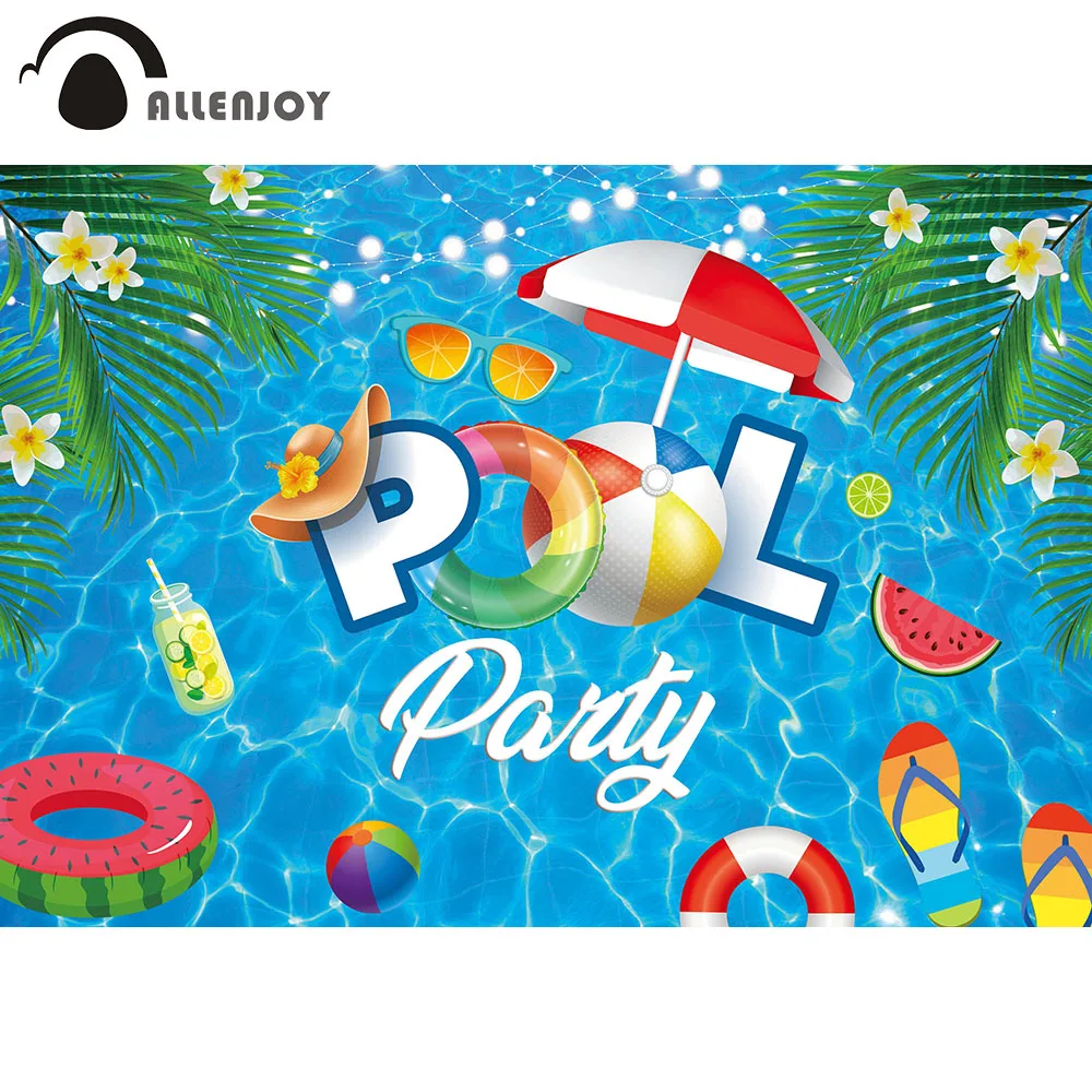 Allenjoy Pool Party Backdrop Summer Swimming Balls Lifebuoy Water Wave Ripple Hawaiian Background Kids Boy Girl Birthday