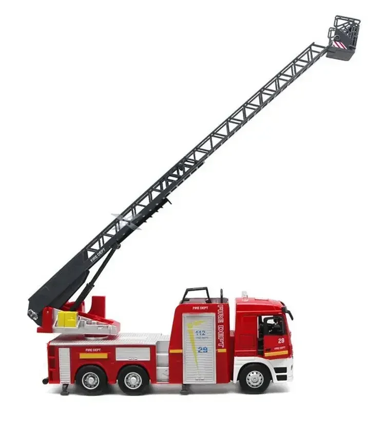 

[Funny] 1:32 Lift ladder fire fighting truck toy Firemen open door light and sound alloy car model kids child gift Traffic toy