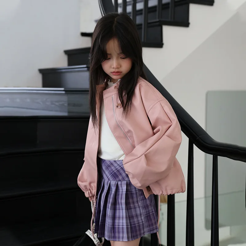 2-12Y 女の子甘い黒ピンクロックオートバイ Pu レザージャケット子供防水防風コート子供ストリート写真撮影着用