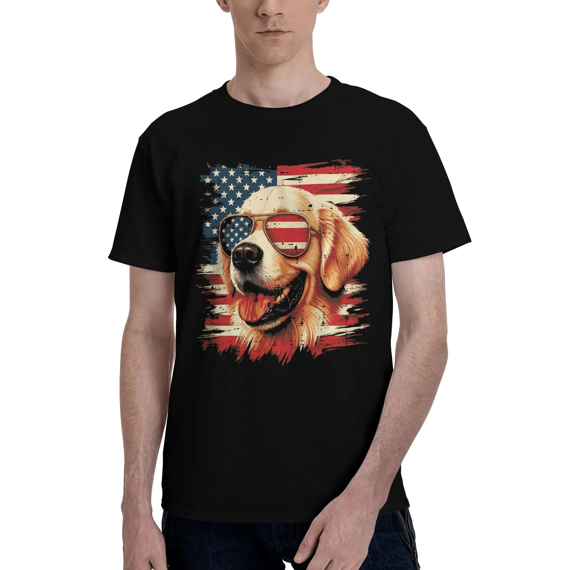 4th of July Dog Labrador Golden Retriever Graphic 100% Cotton T-Shirt Memorial Day Tees Tops For Men