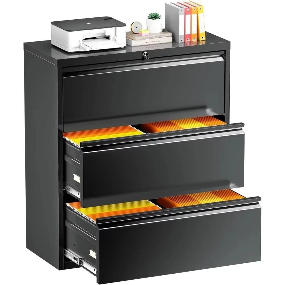 Black Lateral File Cabinet, with Lock3 Drawer Lateral for A4 Size, Metal Steel Locking Wide File Cabinet for Office,File Cabinet