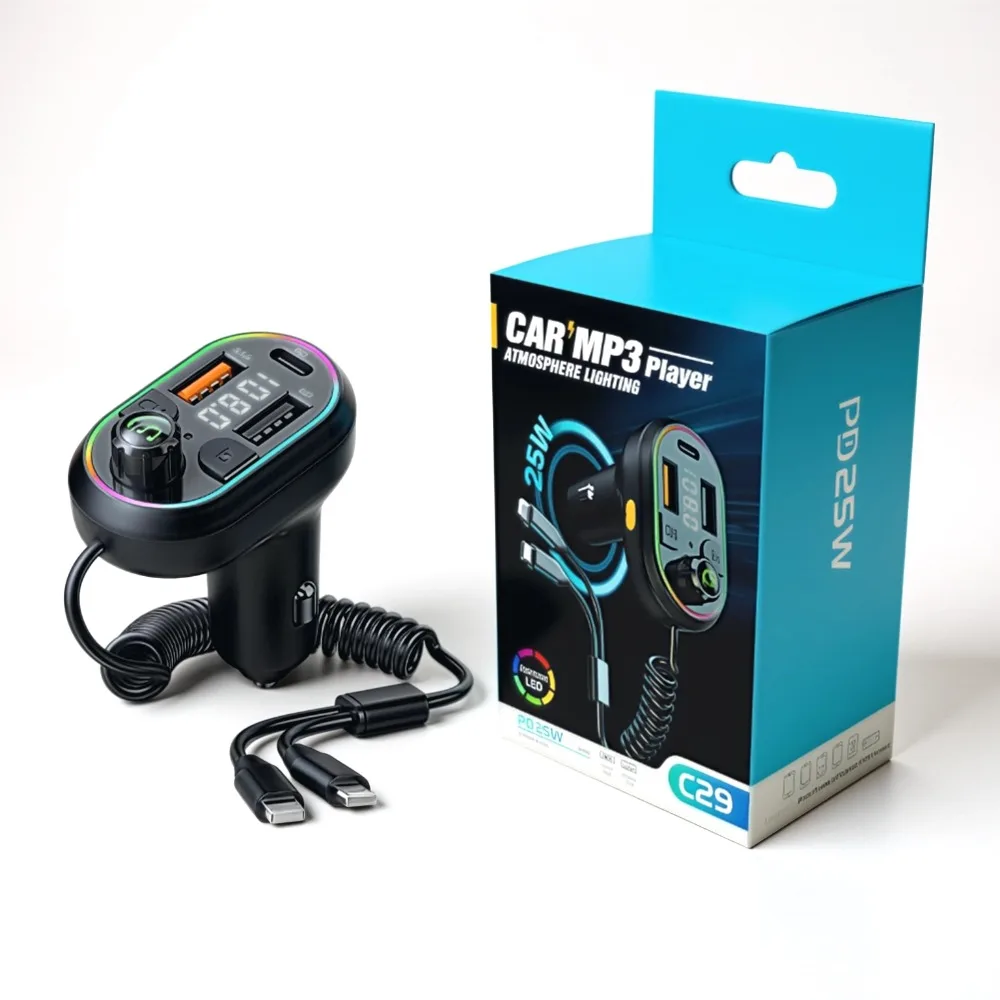 

Автомобильный Bluetooth FM-передатчик, беспроводной аудиоприемник, 25 Вт PD, MP3-плеер с быстрой зарядкой и портом Type-C, зарядный кабель