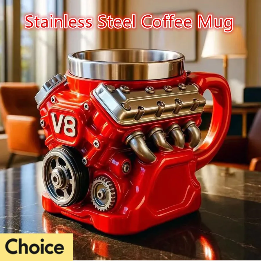 V8/V6 Engines Stainless Steel Coffee Mug Funny V6 Car Engine Design Mug Coffee Cup Cocktail Mug Tea Cup For Car Enthusiasts