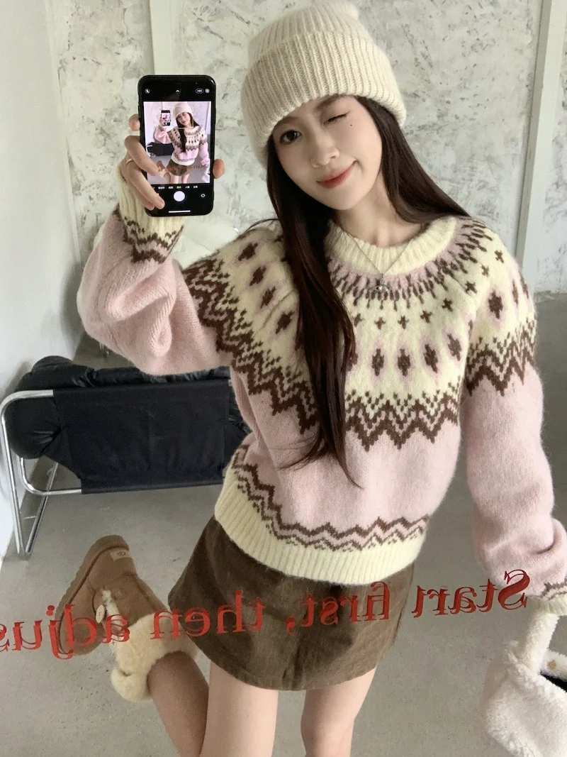 Retro Fair Isle Sweater Knitted Pullover Women's Clothes Autumn New Lazy Style Loose Warm Thicken Knitwear Top Female Clothing