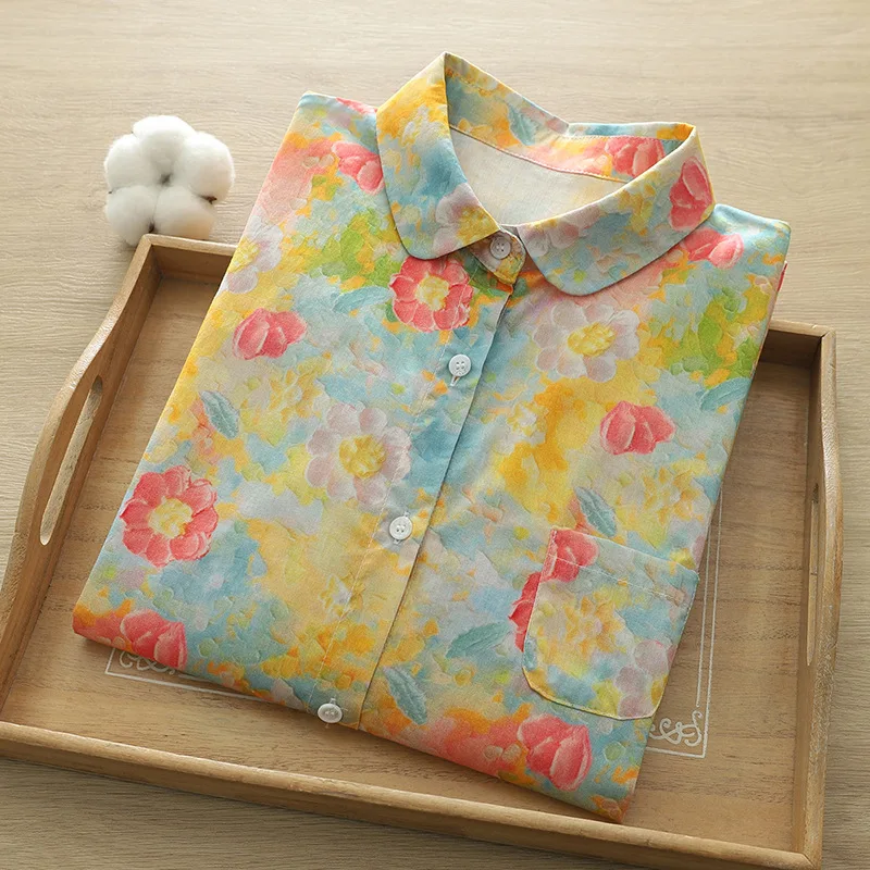 New Autumn Cotton Printed Sweet Shirts Women Lapel Collar Tops Girl Long Sleeve Loose Literature Blouses 2024 Spring T41350QC